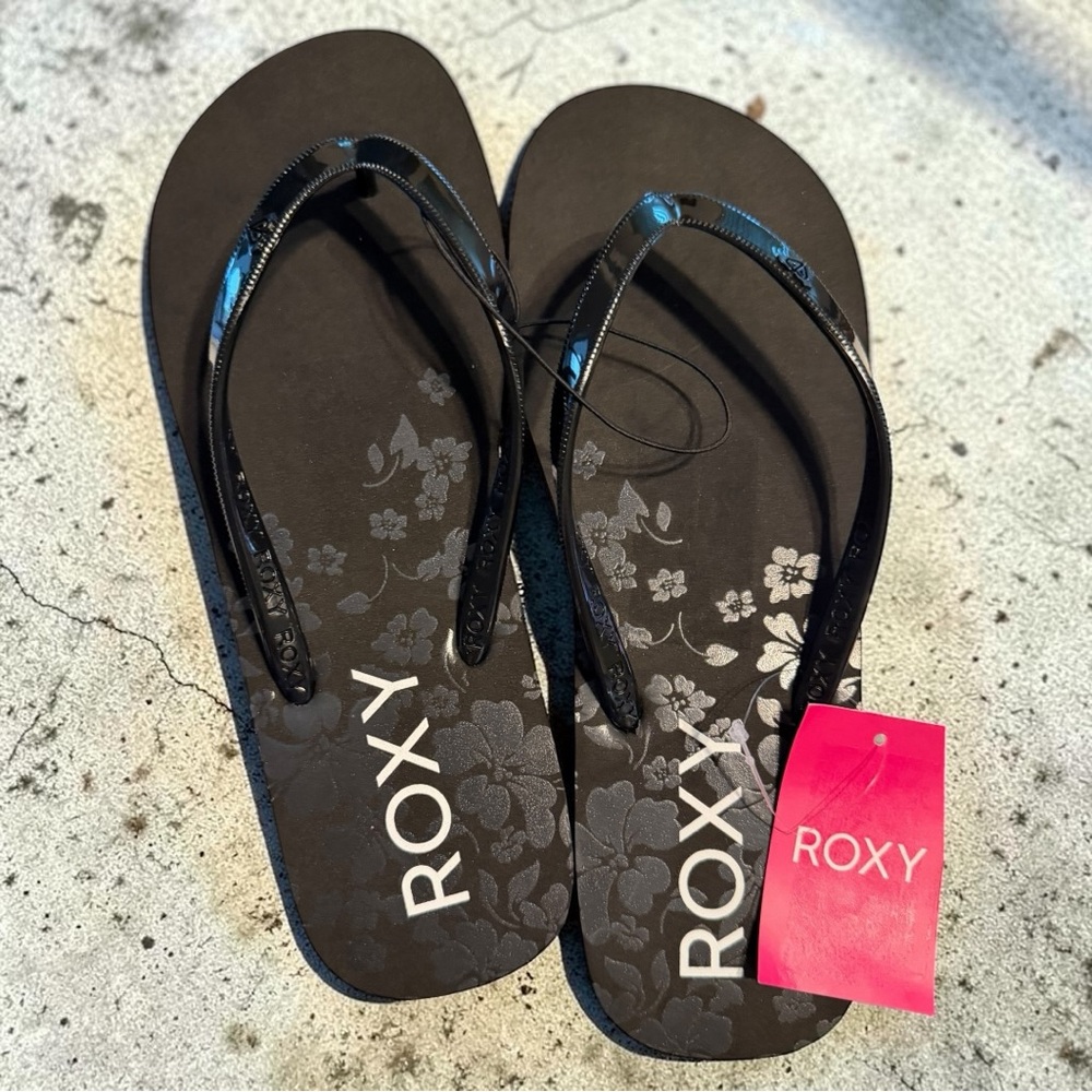 Roxy Black Floral Logo Women's Flip Sandals - Picture 2 of 5